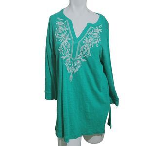 Chico's Large Top Tunic Women embroidered sequin v-neck longsleeve slit